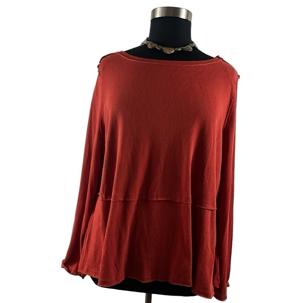 Umgee Wide Long‎ Sleeve Raw EdgeTrim Boho Shirt in Rust